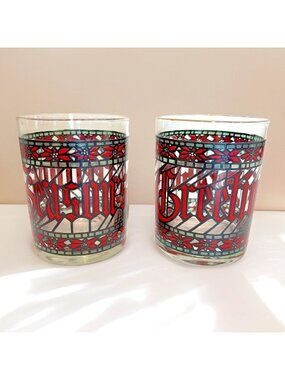 2 VTG HOUZE Seasons Greetings Rocks Glasses Low Ball Tumblers Holiday 1970s